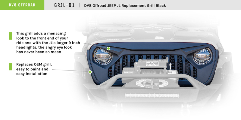 Jeep Wrangler JL Grill - DV8 Offroad - Angry - Black - `18-`27